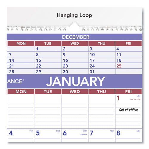 Three-month Wall Calendar, 15.5 X 22.75, White Sheets, 12-month (jan To Dec): 2024