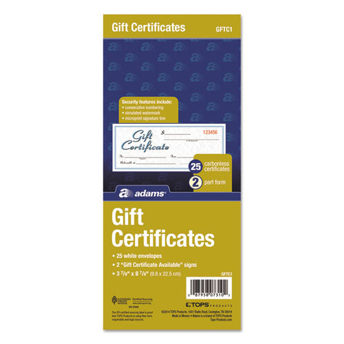 Gift Certificates With Envelopes, 8 X 3.4, White/canary, 25/book