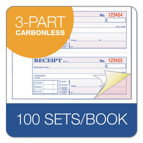 Receipt Book, Three-part Carbonless, 7.19 X 2.75, 4 Forms/sheet, 100 Forms Total