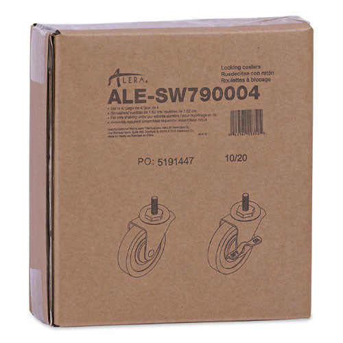 Optional Casters For Wire Shelving, Grip Ring Stem, 3" Wheel, Black, 4/set (2 Locking)