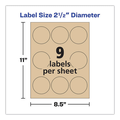 Round Brown Kraft Print-to-the-edge Labels, 2.5" Dia, 225/pk