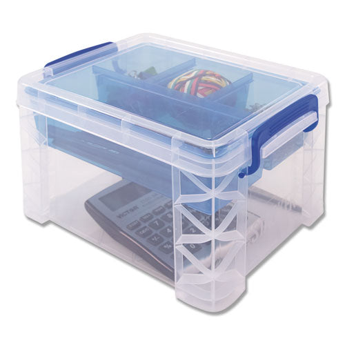 Super Stacker Divided Storage Box, 5 Sections, 7.5" X 10.13" X 6.5", Clear/blue