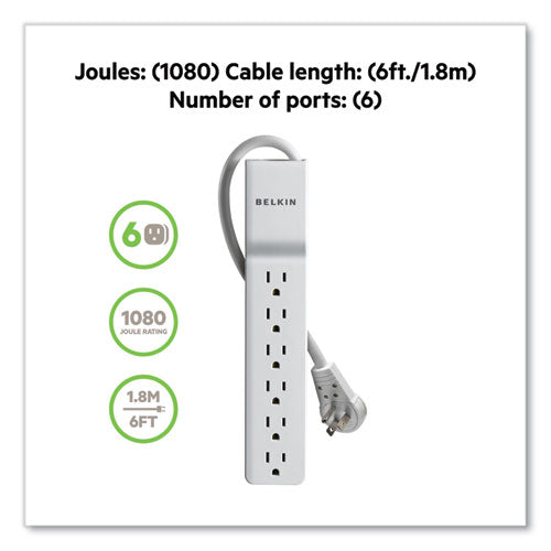 Home/office Surge Protector With Rotating Plug, 6 Ac Outlets, 6 Ft Cord, 720 J, White