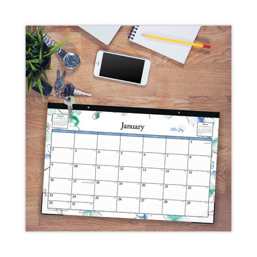 Lindley Desk Pad, Floral Artwork, 17 X 11, White/blue/green Sheets, Black Binding, Clear Corners, 12-month (jan-dec): 2024