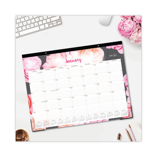 Joselyn Desk Pad, Rose Artwork, 22 X 17, White/pink/peach Sheets, Black Binding, Clear Corners, 12-month (jan-dec): 2024
