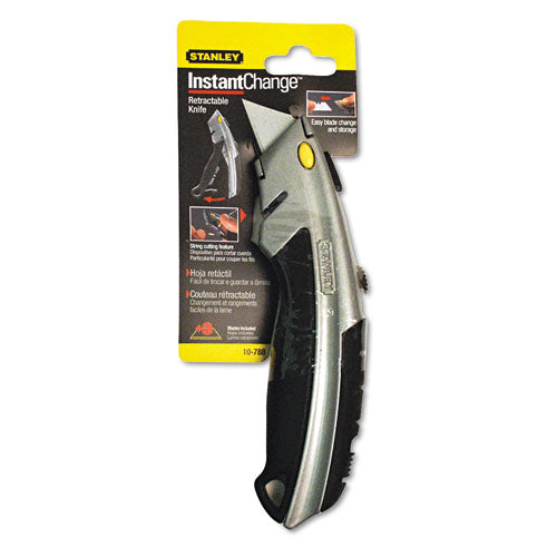 Curved Quick-change Utility Knife, Stainless Steel Retractable Blade, 3 Blades, 6.5" Metal Handle, Black/chrome