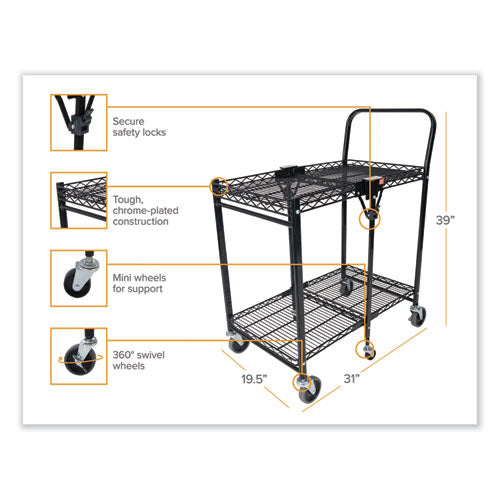 Stowaway Folding Carts, Metal, 2 Shelves, 250 Lb Capacity, 29.63" X 37.25" X 18", Black