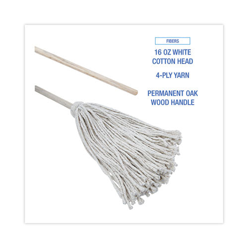 Handle/deck Mops, 16 Oz White Cotton Head, 48" Oak Wood Handle