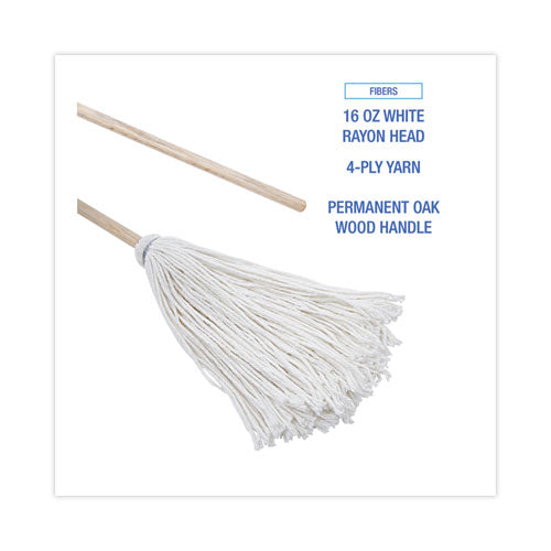 Handle/deck Mops, 16 Oz White Rayon Head, 48" Oak Wood Handle