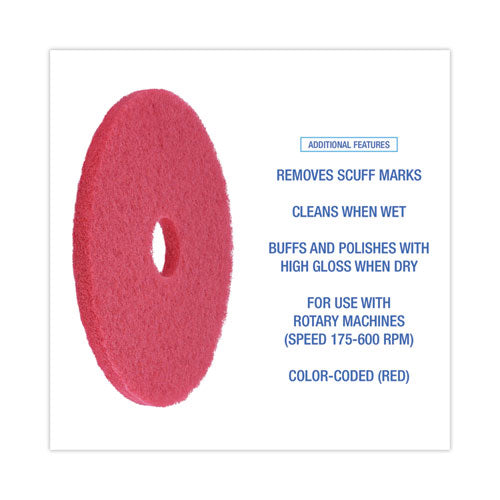 Buffing Floor Pads, 17" Diameter, Red, 5/carton