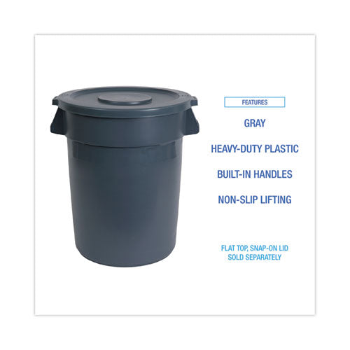 Round Waste Receptacle, 44 Gal, Plastic, Gray