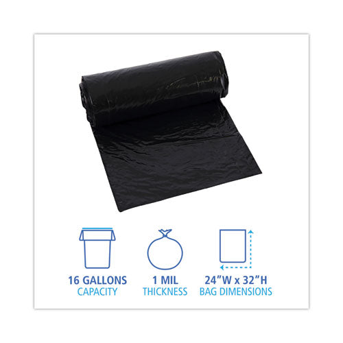 Low-density Waste Can Liners, 16 Gal, 1 Mil, 24 X 32, Black, 10 Bags/roll, 15 Rolls/carton