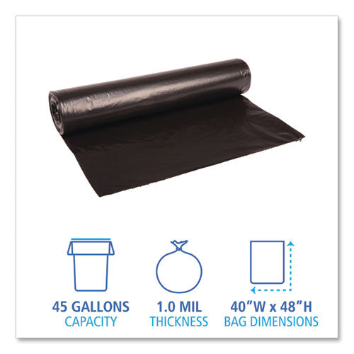 Recycled Low-density Polyethylene Can Liners, 45 Gal, 1 Mil, 40" X 48", Black, 10 Bags/roll, 10 Rolls/carton