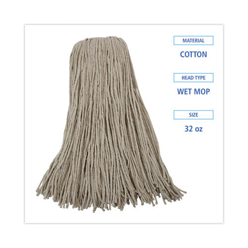 Mop Head, Economical Lie-flat Head, Cotton Fiber, 32oz, White, 12/carton