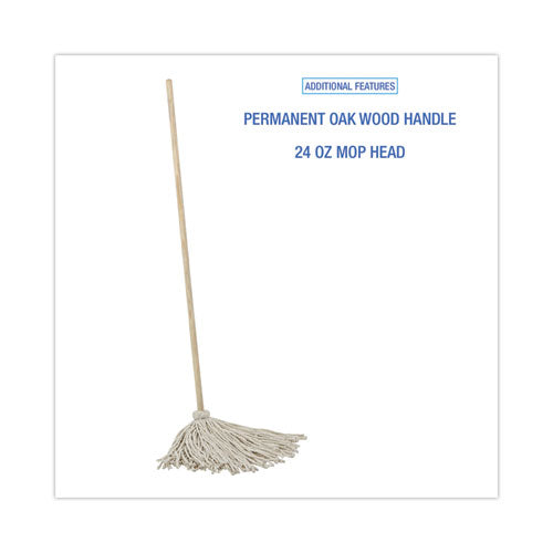 Cotton Deck Mop, 24 Oz White Cotton Head, 50" Wood Handle, 6/carton