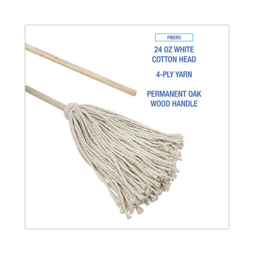 Cotton Deck Mop, 24 Oz White Cotton Head, 50" Wood Handle, 6/carton