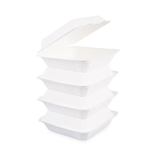 Bagasse Food Containers, Hinged-lid, 1-compartment 9 X 9 X 3.19, White,  Sugarcane, 100/sleeve, 2 Sleeves/carton