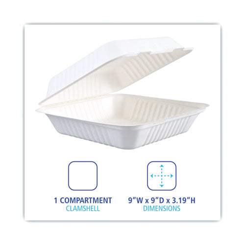 Bagasse Food Containers, Hinged-lid, 1-compartment 9 X 9 X 3.19, White,  Sugarcane, 100/sleeve, 2 Sleeves/carton