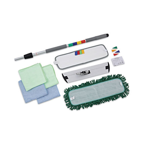 Microfiber Cleaning Kit, 18" Wide Blue/green Microfiber Head, 35" To 60" Gray Aluminum Handle