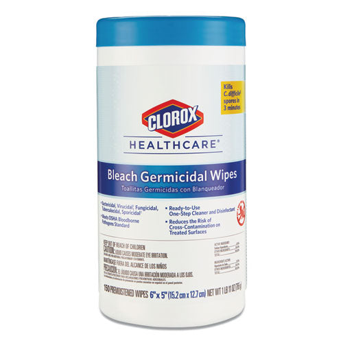 Bleach Germicidal Wipes, 1-ply, 6 X 5, Unscented, White, 150/canister, 6 Canisters/carton