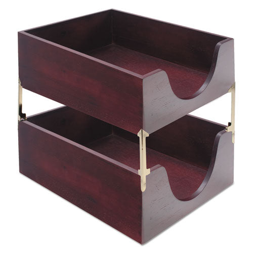 Double-deep Hardwood Stackable Desk Trays, 1 Section, Letter Size Files, 10.13" X 12.63" X 5", Mahogany