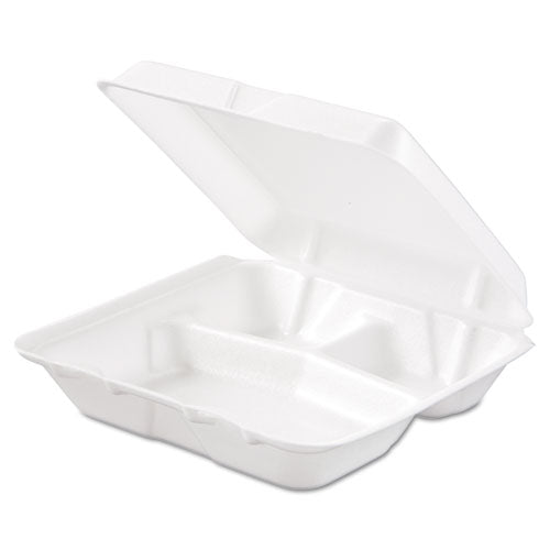 Foam Hinged Lid Containers, 3-compartment, 7.5 X 8 X 2.3, White, 200/carton