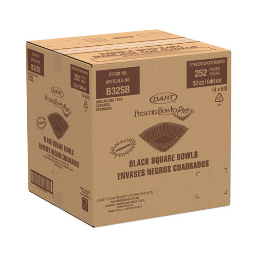 Presentabowls Pro Black Square Bowls, 32 Oz, 8.5 X 8.5 X 2, Plastic, 63/bag, 4 Bags/carton