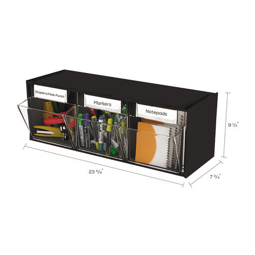 Tilt Bin Interlocking Multi-bin Storage Organizer, 3 Sections, 23.63" X 7.75" X 9.5", Black/clear