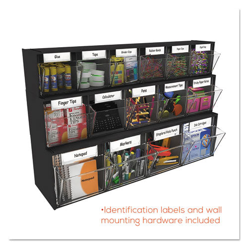 Tilt Bin Interlocking Multi-bin Storage Organizer, 6 Sections, 23.63" X 3.63" X 4.5", Black/clear