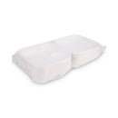 Bagasse Hinged Clamshell Containers, 3-compartment, 9 X 9 X 3, White, Sugarcane, 50/pack, 4 Packs/carton