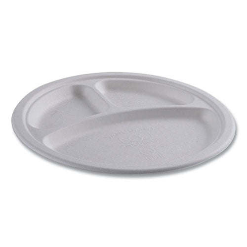 Vanguard Renewable And Compostable Sugarcane Plates, 3-compartment, 10" Dia, White, 500/carton