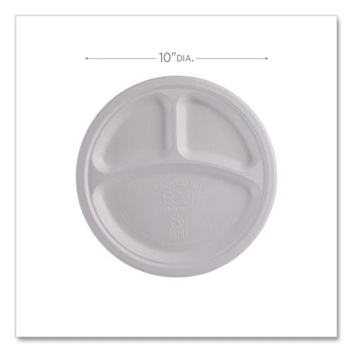 Vanguard Renewable And Compostable Sugarcane Plates, 3-compartment, 10" Dia, White, 500/carton