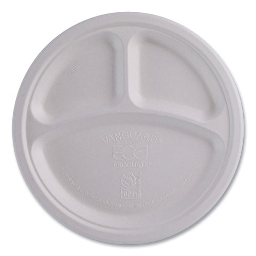 Vanguard Renewable And Compostable Sugarcane Plates, 3-compartment, 10" Dia, White, 500/carton