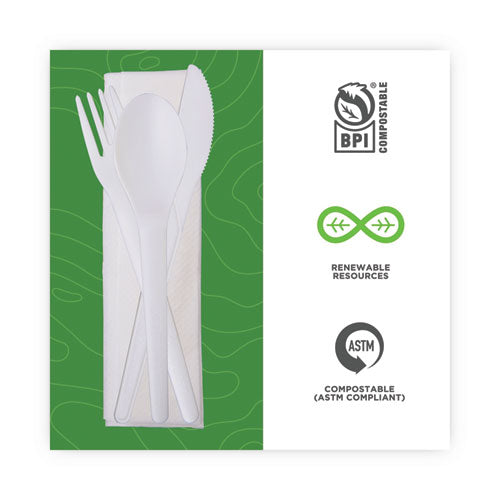 Plantware Compostable Cutlery Kit, Knife/fork/spoon/napkin, 6", Pearl White, 250 Kits/carton