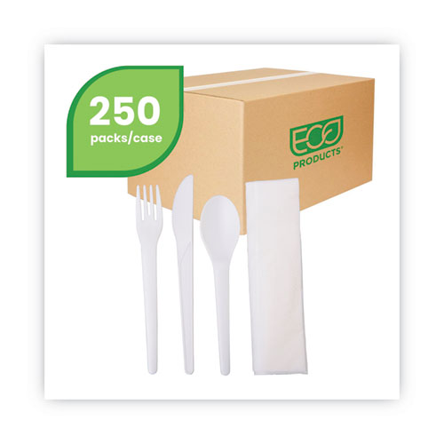 Plantware Compostable Cutlery Kit, Knife/fork/spoon/napkin, 6", Pearl White, 250 Kits/carton