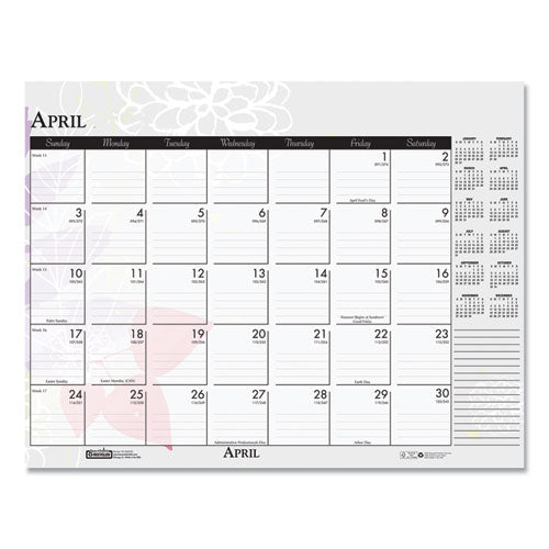 Recycled Desk Pad Calendar, Wild Flowers Artwork, 18.5 X 13, White Sheets, Black Binding/corners,12-month (jan-dec): 2024