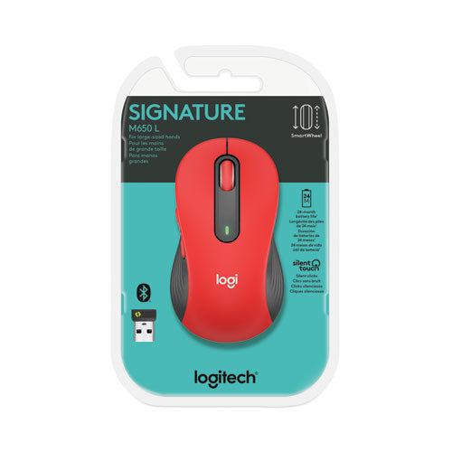 Signature M650 Wireless Mouse, Large, 2.4 Ghz Frequency, 33 Ft Wireless Range, Right Hand Use, Red