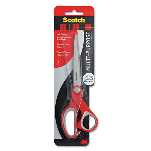 Multi-purpose Scissors, Pointed Tip, 7" Long, 3.38" Cut Length, Gray/red Straight Handle