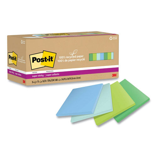 100% Recycled Paper Super Sticky Notes, 3" X 3", Oasis, 70 Sheets/pad, 24 Pads/pack