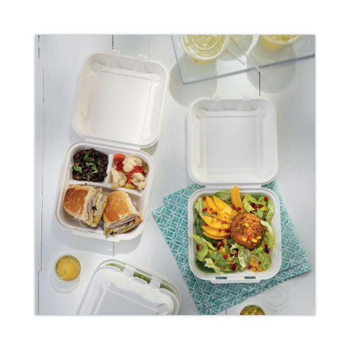 Earthchoice Bagasse Hinged Lid Container, 3-compartment, Dual Tab Lock, 7.8 X 7.8 X 2.8, Natural, Sugarcane, 150/carton