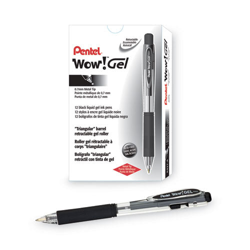 Wow! Gel Pen, Retractable, Medium 0.7 Mm, Black Ink, Clear/black Barrel, Dozen