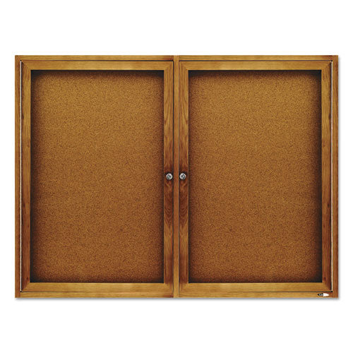 Enclosed Indoor Cork Bulletin Board With Two Hinged Doors, 48 X 36, Tan Surface, Oak Fiberboard Frame