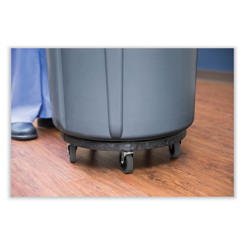 Brute Round Twist On/off Dolly, 250 Lb Capacity, 18" Dia X 6.63"h, Fits 20 To 55 Gallon Brute Containers, Black