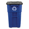 Square Brute Recycling Rollout Container, 50 Gal, Plastic, Blue