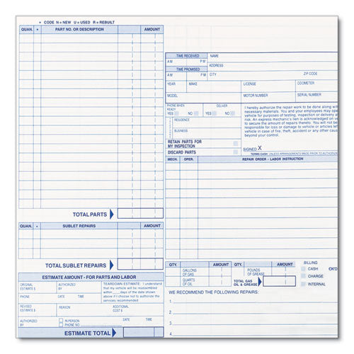 Speediset Four-part Auto Repair Form, Four-part Carbonless, 11 X 8.5, 50 Forms Total