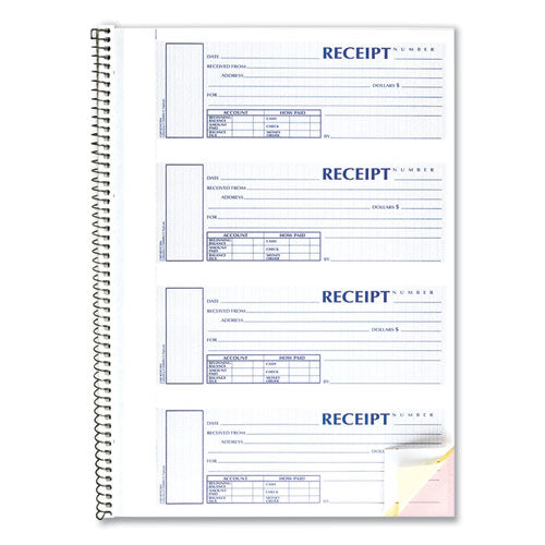 Spiralbound Unnumbered Money Receipt Book, Three-part Carbonless, 7 X 2.75, 4 Forms/sheet, 120 Forms Total