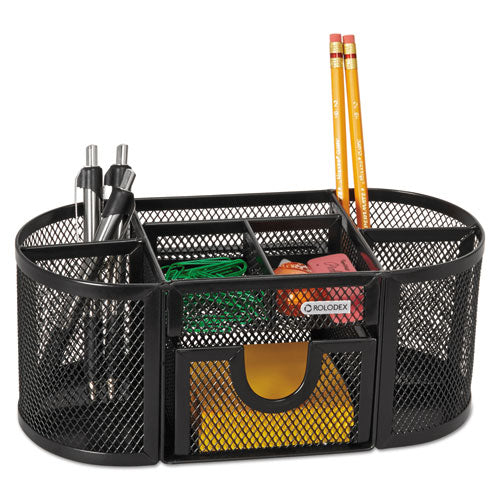 Mesh Oval Pencil Cup Organizer, 4 Compartments, Steel, 9.38 X 4.5 X 4, Black