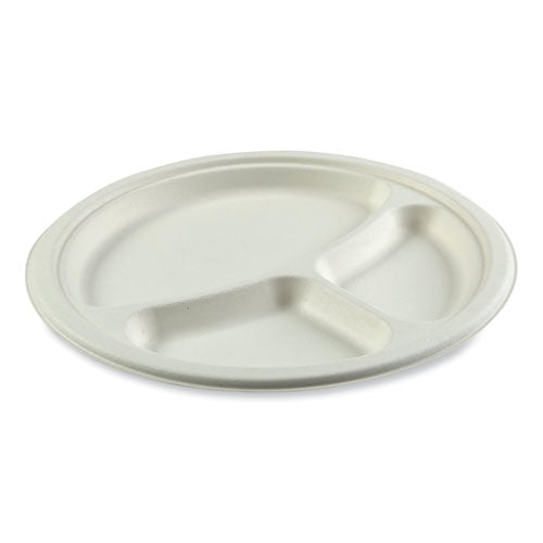 Bagasse Pfas-free Dinnerware, 3-compartment Plate, 10.24" Dia, White, 500/carton