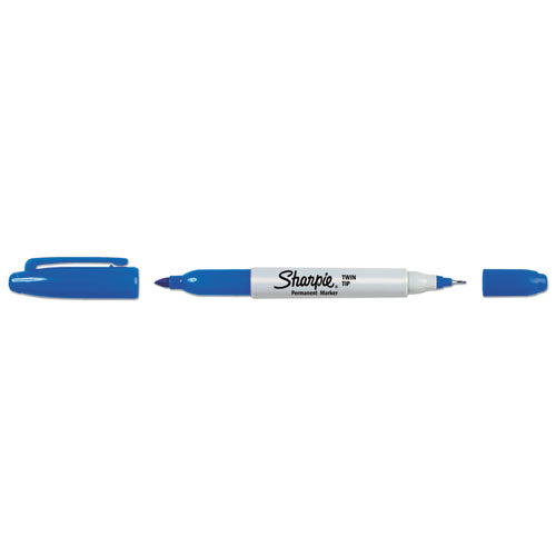 Twin-tip Permanent Marker, Extra-fine/fine Bullet Tips, Blue, Dozen