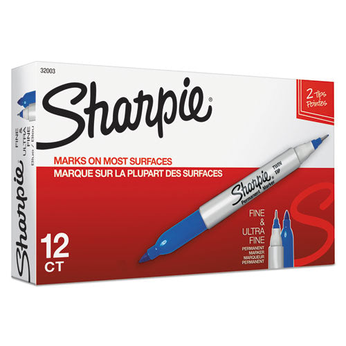 Twin-tip Permanent Marker, Extra-fine/fine Bullet Tips, Blue, Dozen